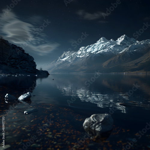 Very detailed and intricate image. Clear image. Pitch black night sky. Cloudy and gloomy. Photorealistic Mountains in the background. Stonecliff. Clear lake. 