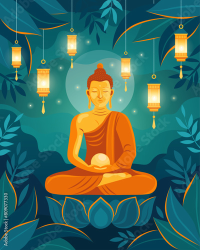 Golden buddha in meditation pose sitting in lotus. Lanterns and candles. Dark background, tropical forest. Happy Vesak Day Budha Purnima. Vesak concept for card or banner. 