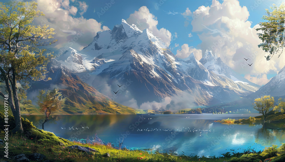 A mountain range with a snow covered peak and a lake in the foreground by AI generated image