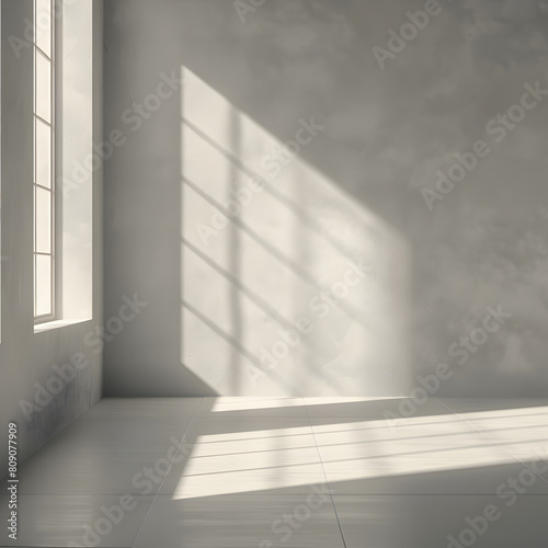 Empty room with minimalist design  sunlight streaming through a window casting intricate shadows on the interior  highlighting the beauty of simple  functional spaces. 3D digital rendering