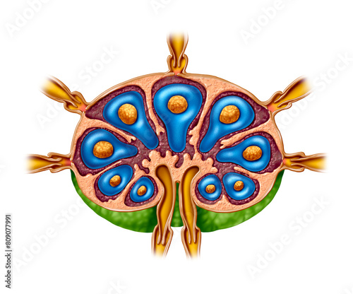 Lymph Node Anatomy as a cross section of the gland of the Lymphatic system function concept and immune system or lymphoid organ concept with afferent and efferent vessels.