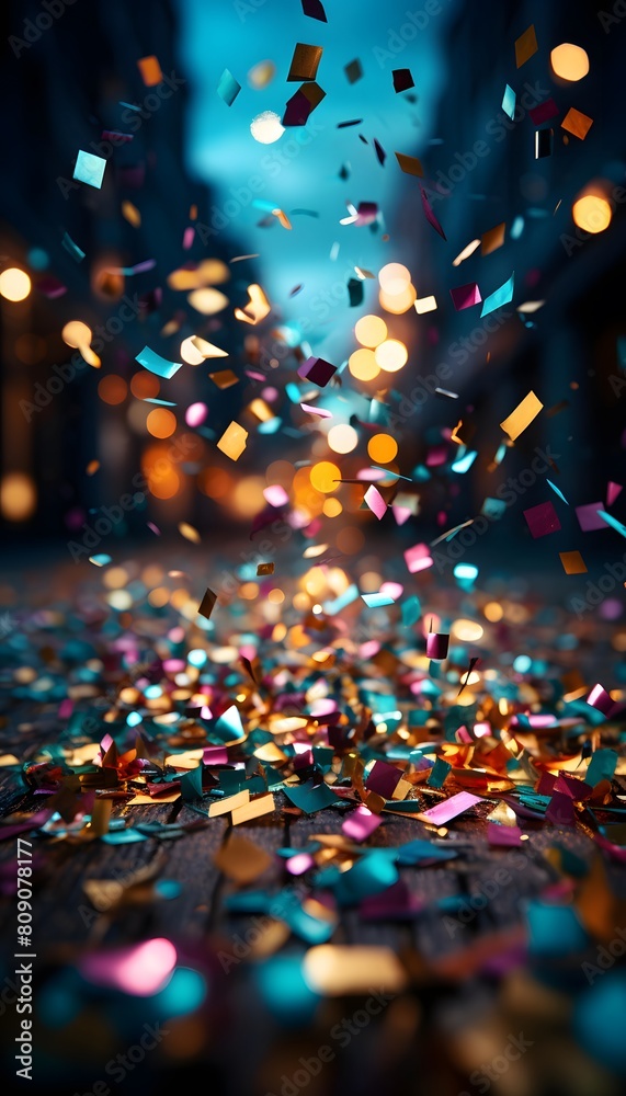 Golden confetti and ribbons on a dark background. 3d rendering