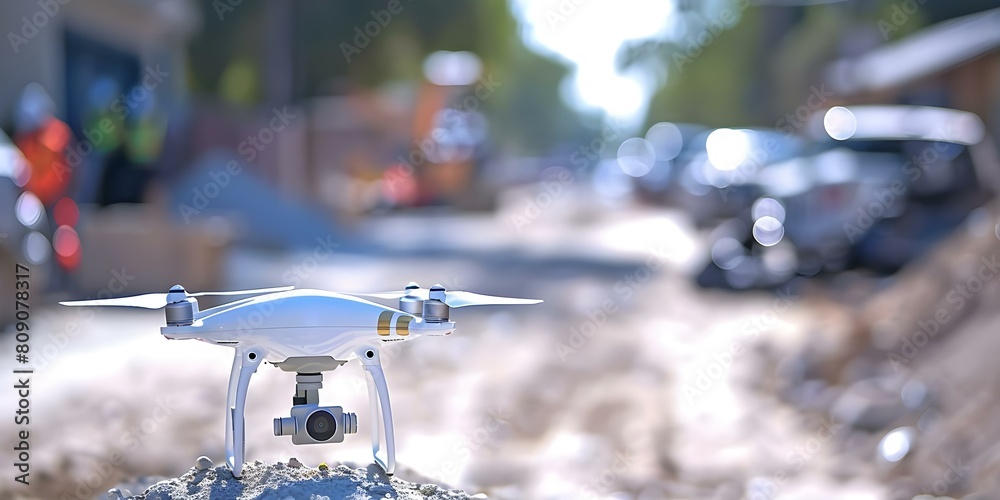A drone monitors a construction site to deter theft and vandalism. Concept Construction Security, Drone Monitoring, Theft Prevention, Vandalism Deterrence, Site Surveillance