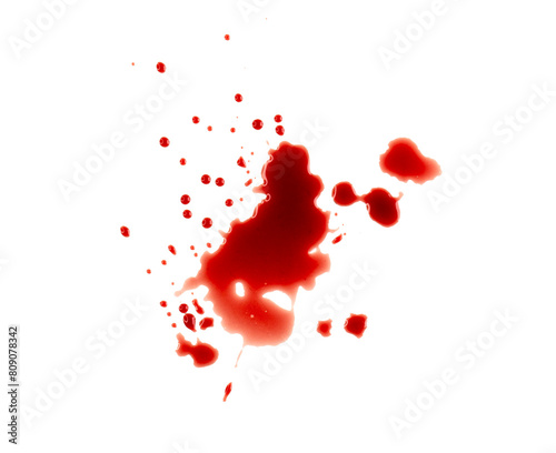 Real blood with drops, spray, splashes as texture isolated on white, clipping path, PNG.
