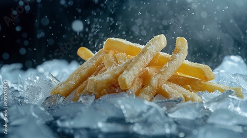 In a creative commercial photography image, French fries are arranged over ice cubes, creating an intriguing visual contrast. Crispy potatoes contrast with the translucent coolness of the ice.