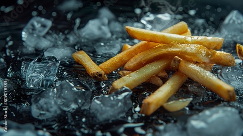 In a creative commercial photography image, French fries are arranged over ice cubes, creating an intriguing visual contrast. Crispy potatoes contrast with the translucent coolness of the ice. photo
