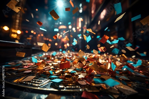 3d illustration of golden confetti falling in the air. 3d rendering