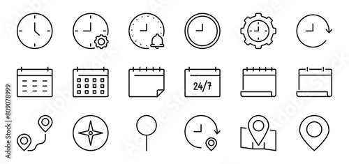 Time, calendar and location line icons set. Point, map, gps navigator, timing, timer, alarm. Isolated on a white background. Pixel perfect. Editable stroke. 64x64.