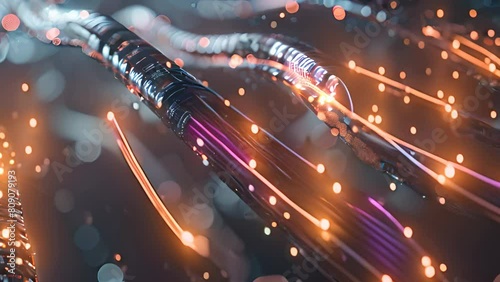 glowing orange data flowing through dark blue cables.