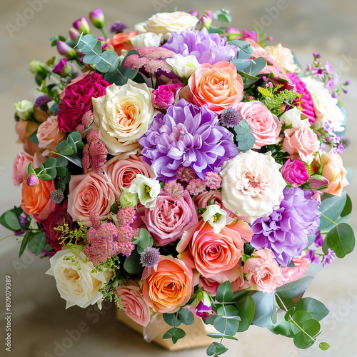 A bouquet of flowers with a mix of colors including orange  white  and purple. The flowers are arranged in a paper and tied with a ribbon. 