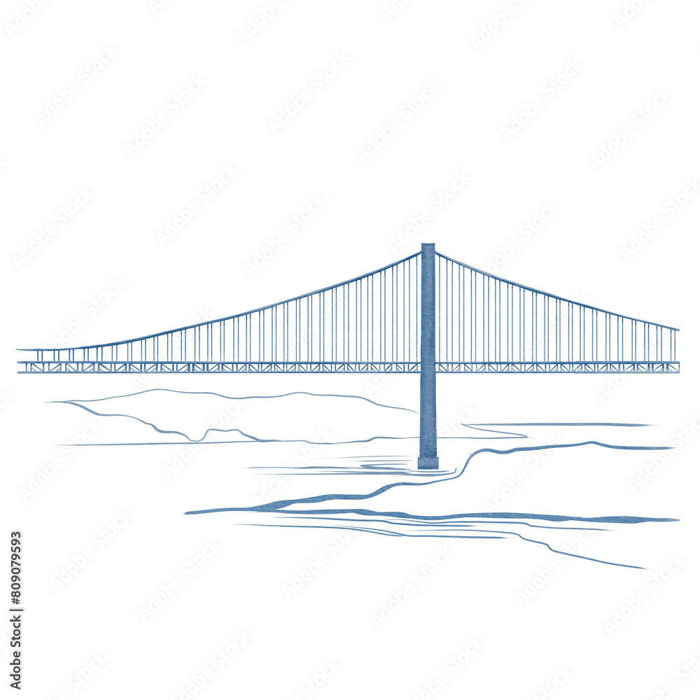 Bridge of april 25 in lisbon or golden gate gate bridge in san francisco in monochrome graphics in blue and white. Line graphics. Landscape with a river for posters,cards,souvenirs. Bridge of april 25 in lisbon or golden gate gate bridge in san francisco in monochrome graphics in blue and white. Line graphics. Landscape with a river for posters,cards,souvenirs.