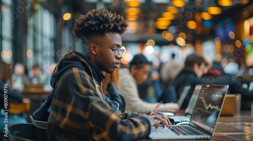 A diverse group of people studying stock charts and financial reports on laptops in a modern coffee shop setting © Venoxide