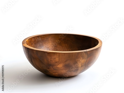 Wooden Bowl on White Background Showcasing Rustic Kitchen Essentials © Natanong
