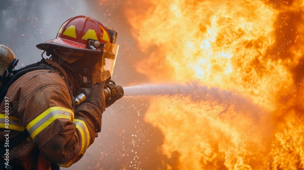 Firefighter uses hose to extinguish fire. Highly Skilled Hotshot Firemen Working on Challenging Remote Area with Firefighter uses hose to extinguish fire. Highly Skilled Hotshot Firemen Working on Challenging Remote Area with