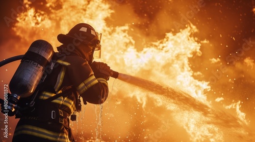 Firefighter uses hose to extinguish fire photo
