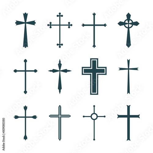 Set christian cross vector symbol flat and outline style