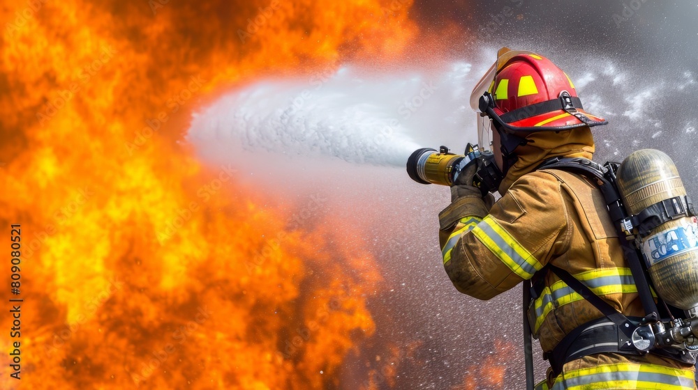 Fototapeta premium Firefighter uses hose to extinguish fire. Highly Skilled Hotshot Firemen Working on Challenging Remote Area with