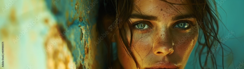 A woman with blue eyes and long hair is standing in front of a wall A woman with blue eyes and long hair is standing in front of a wall