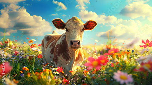 A black and white cow in a field of colorful wildflowers Cute cow 