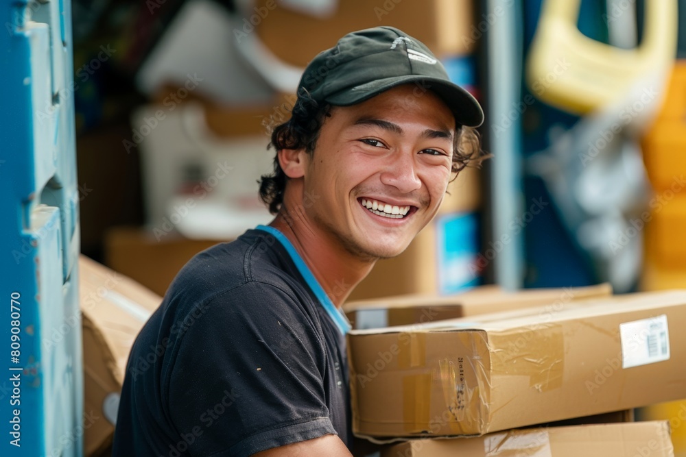 Happy courier smiling and holding a stack of parcels Happy courier smiling and holding a stack of parcels