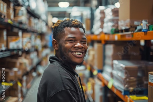 Happy man smiling brightly while sorting packages at a distribution center, surrounded by shelves of parcels and delivery equipment
