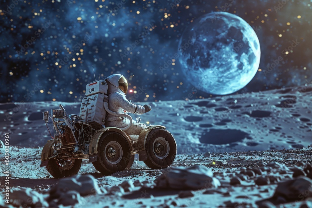 Astronaut driving a lunar rover across the lunar surface, with the rugged terrain and lunar module