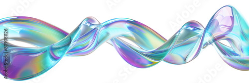 3D iridescent glass helix shape, twisting motion, isolated on transparent background