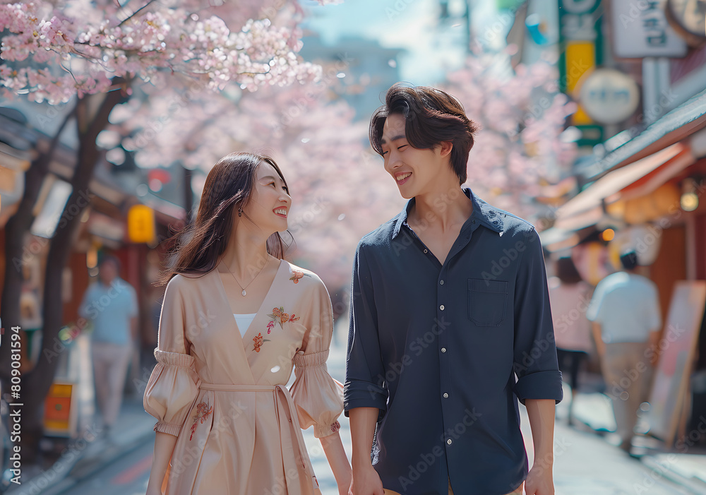 Fototapeta premium A man and a woman smile at each other while standing under pink cherry blossoms.