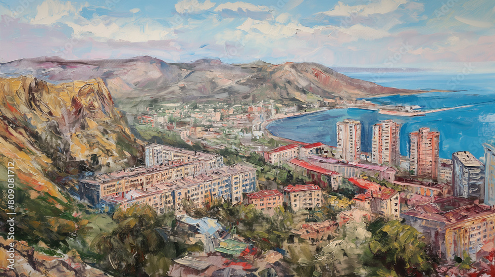 painting of a city with a mountain and a body of water