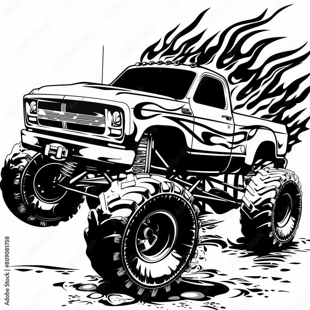 a black and white drawing of a monster truck with flames
