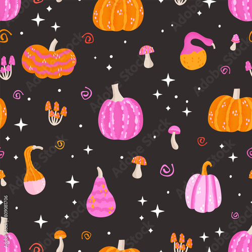 Pink and orange magic halloween seamless pattern with pumpkins, mushrooms and stars. Vector illustration © TALVA