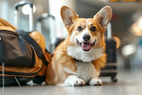 Happy Corgi Dog Smiling at the Airport. Generative ai © Scrudje