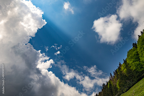 visuale dettagliata, dal basso, del cielo azzurro, di giorno, in montagna, mentre viene lentamente coperto da delle nuvole bianche photo