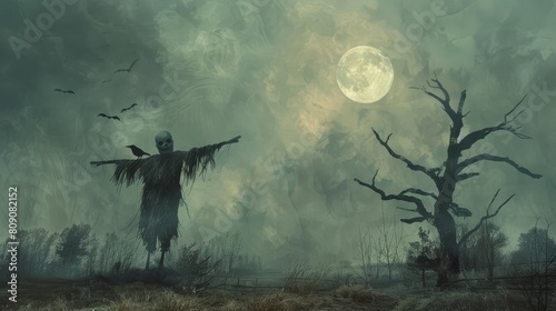 A hauntingly beautiful chalkboard scene depicts a solitary scarecrow standing guard in a vast, empty field. Perched on nearby branches, ravens keep a watchful eye on the scene, while the full moon photo