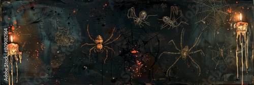 A chalkboard comes alive on Halloween with venomous spiders and insects scurrying across the surface. Dripping blood and viscera add to the horror, while flickering candles cast an ominous light on photo