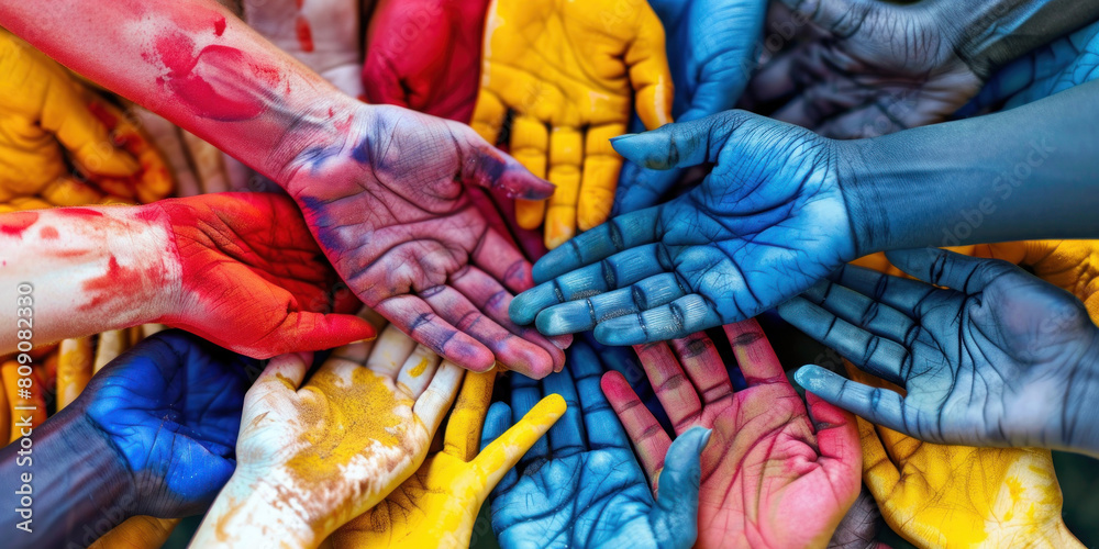Diverse hands united, covered in paint symbolizing unity in diversity, banner, copy space, Day of Friendship