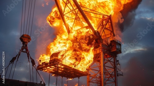 An industrial crane looms against a backdrop of towering flames, presenting a life-threatening scenario for those working nearby. The sheer scale of the blaze and the courage of the workers shine photo