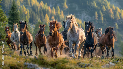 Wild Horses Running on Mountain Trail in Morning Light   photo