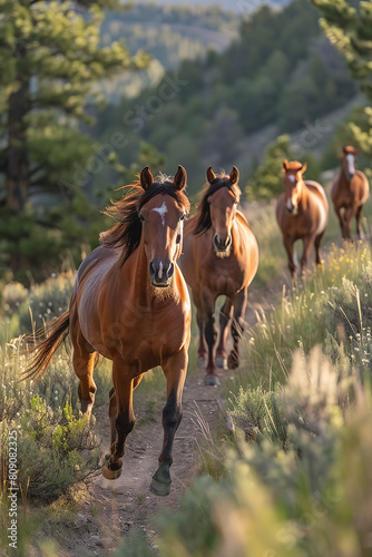 Wild Horses Running on Mountain Trail in Morning Light  