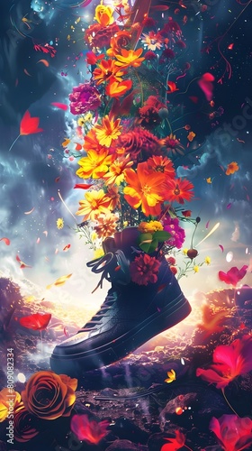 Magical Floral Explosion Bursting from Enchanted Boot in Surreal Fantastical Landscape