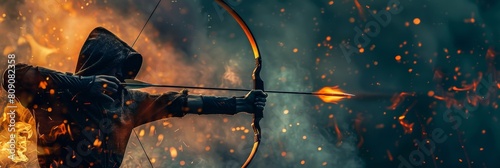 A fiery archer, poised for a shot in a competition, exemplifies the thrilling combination of archery skill and the inherent danger of working with flames. The intense heat and risk heighten the focus photo
