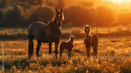 Family of Horses Bonding at Sunset in Serene Field Environment  