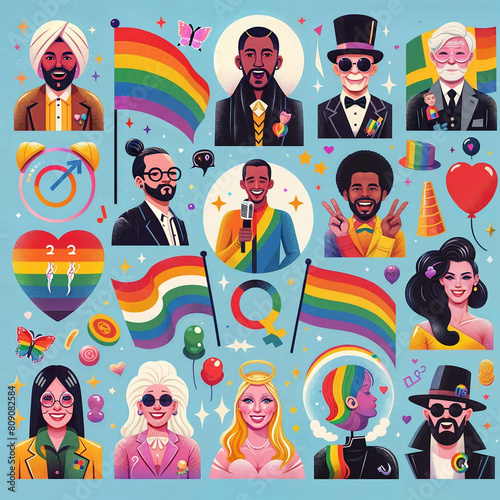 This image is a blue square with 12 famous LGBTQ+ individuals depicted in cartoon form. They are surrounded by rainbow flags, balloons, and hearts. A QAnon logo is also visible photo