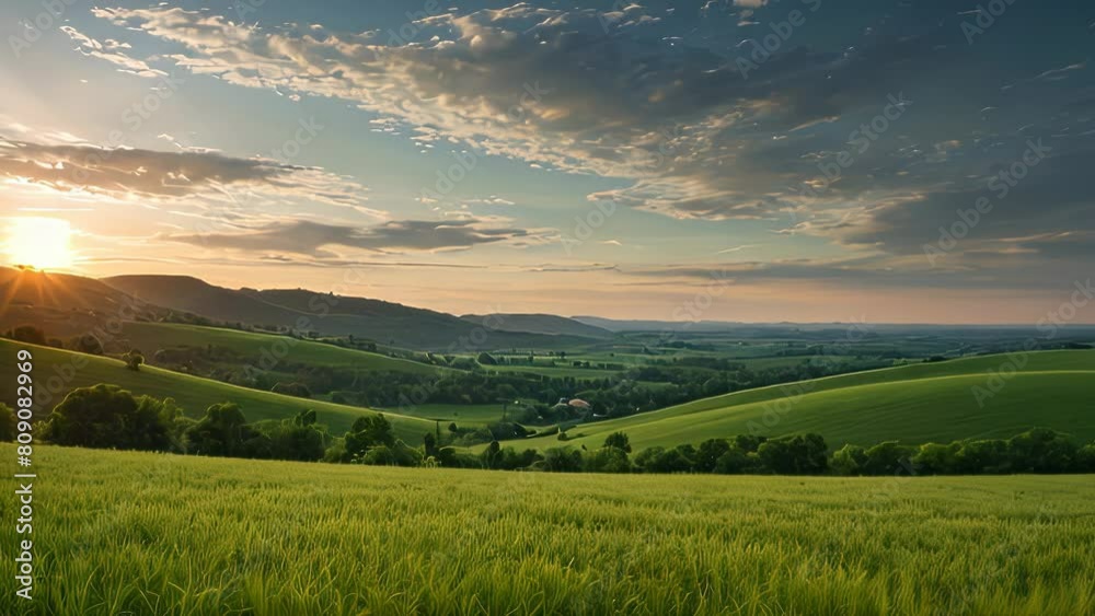 Video animation of It depicts a serene landscape during the golden hour, either at sunrise lush green field stretches out before us. The grass or crops create a vibrant carpet, inviting us to explore Video animation of It depicts a serene landscape during the golden hour, either at sunrise lush green field stretches out before us. The grass or crops create a vibrant carpet, inviting us to explore