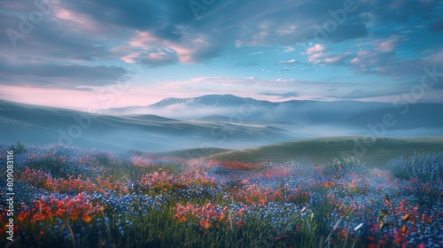 A serene landscape of rolling hills covered with a variety of vibrant wildflowers, set against a soft blue sky filled with wispy clouds and bathed in a dreamlike haze created by atmospheric mist. The photo