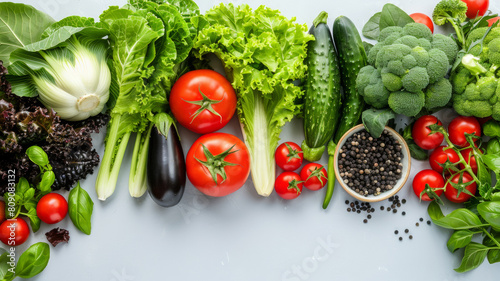 A variety of vegetables and herbs are displayed on a table  including tomatoes