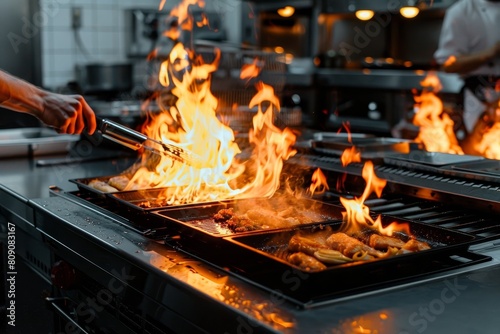 A vibrant orange flame leaps from an electric griddle, adding a touch of danger to the kitchen. Used with caution, this appliance brings meals to life with its intense heat and sizzling surface.