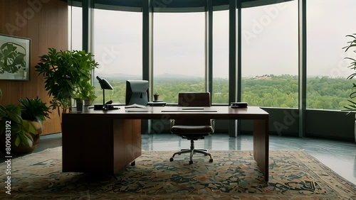 Video animation of odern office setup with a panoramic view central focus is a spacious desk, neatly organized with various items photo