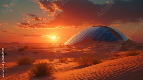 A solar panel sits atop a sandy field, harnessing energy from the sun to generate electricity.