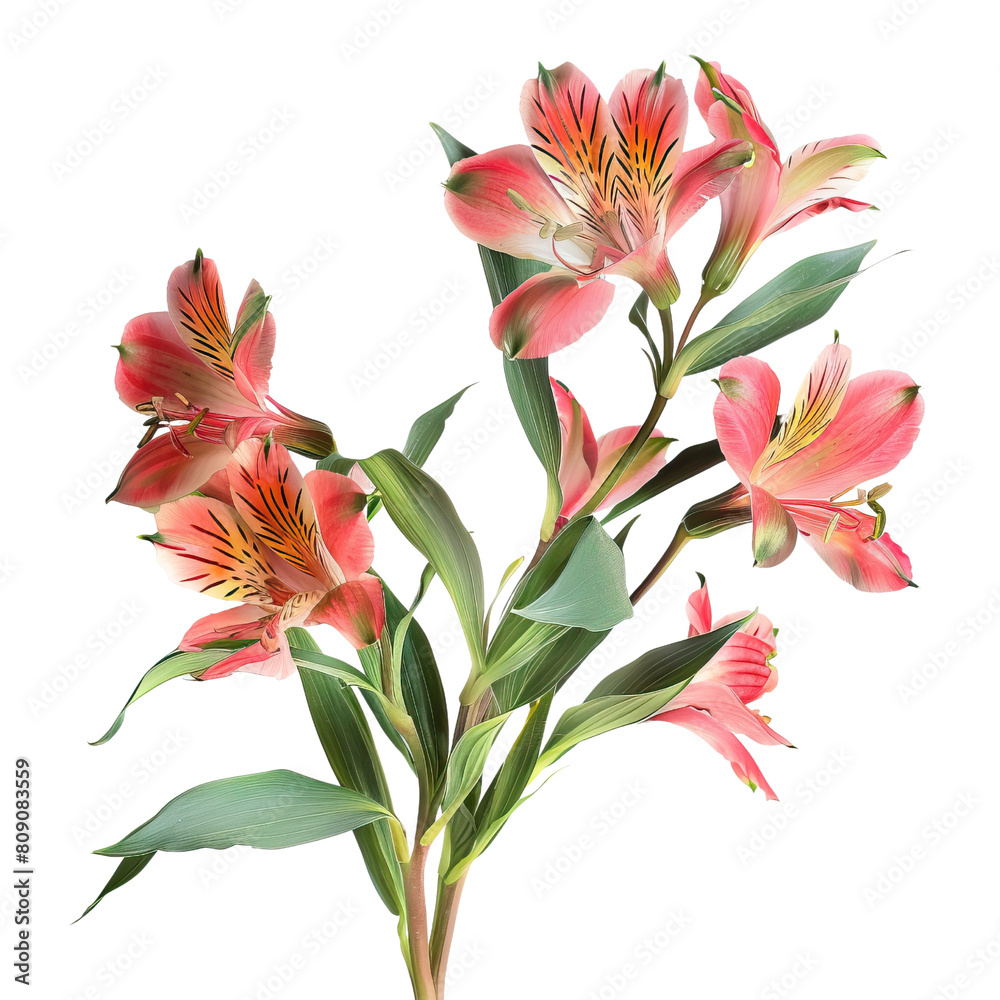 A bouquet of pink lilies with green leaves on a black background.